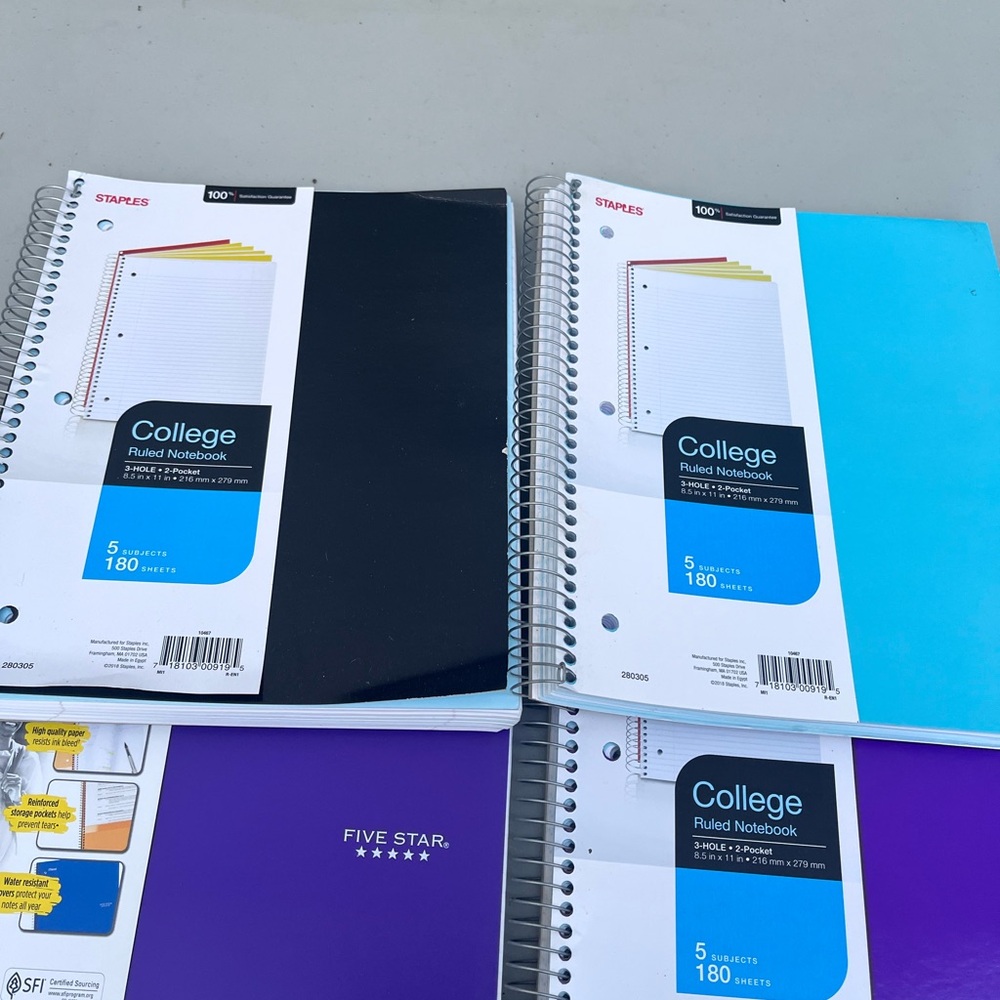 Staples and Five Star College Ruled Notebooks